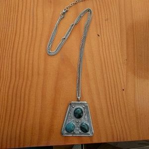 Gemstones set silver pendant long chain necklace